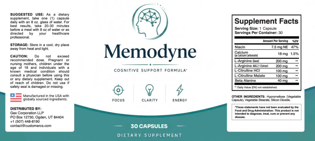 Memodyne Supplement Facts label with Niacin, L-Arginine, L-Citrulline and Beta-Alanine