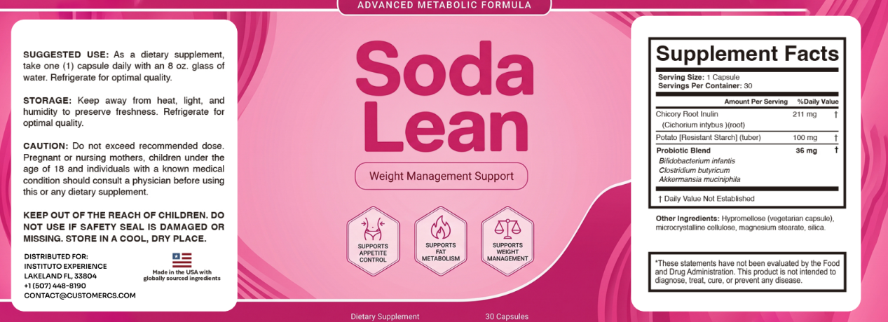 SodaLean Supplement Facts label with ingredients serving size and suggested use