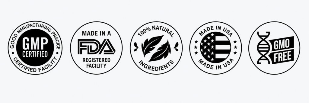 Memodyne quality badges including GMP, FDA registered facility, Made in USA, natural ingredients and GMO free
