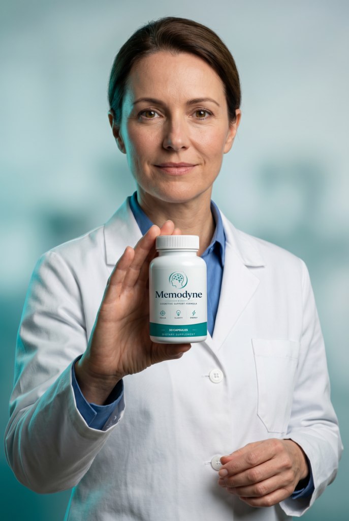 Woman in lab coat holding a bottle of Memodyne cognitive support supplement