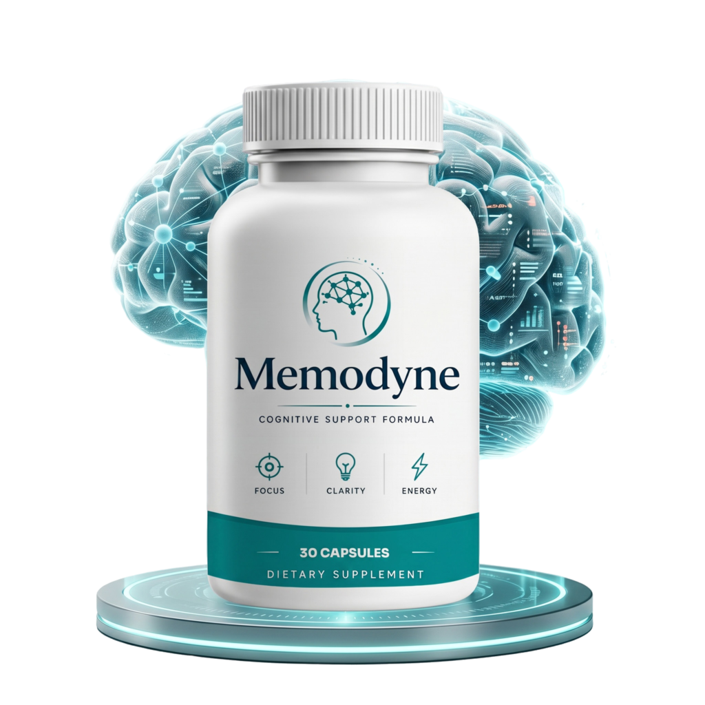 Memodyne cognitive support supplement bottle with digital brain background