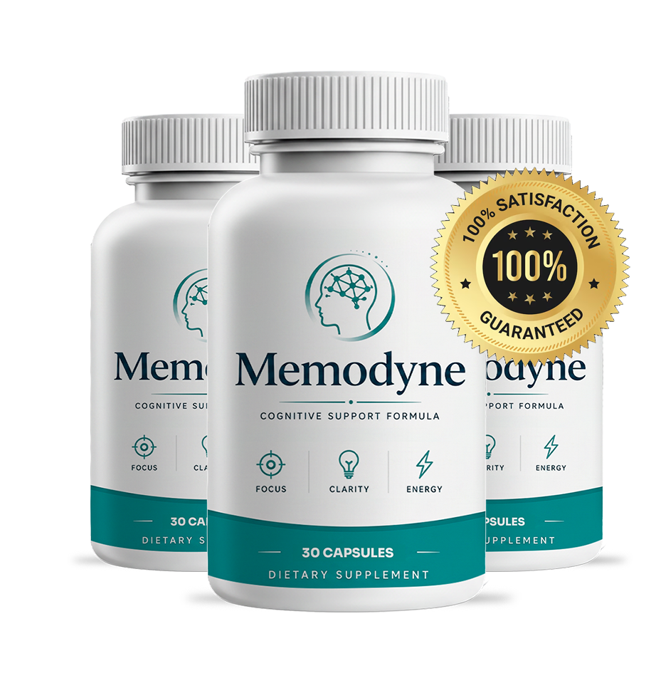 Three bottles of Memodyne cognitive support supplement with satisfaction guarantee badge
